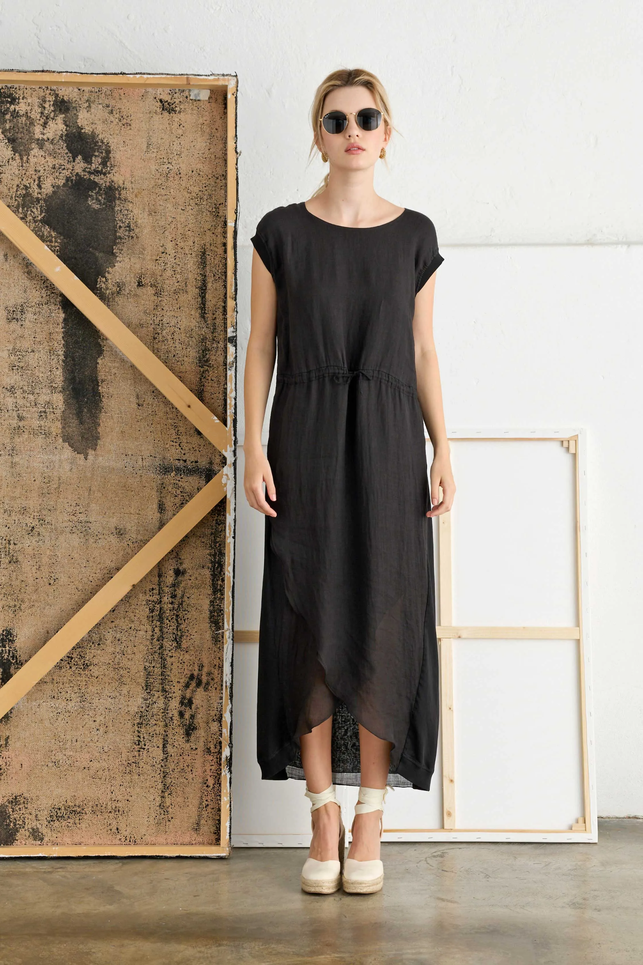 Ramié Midi Dress with Drawstring Waist Garment-Dyed 10FU 7027
