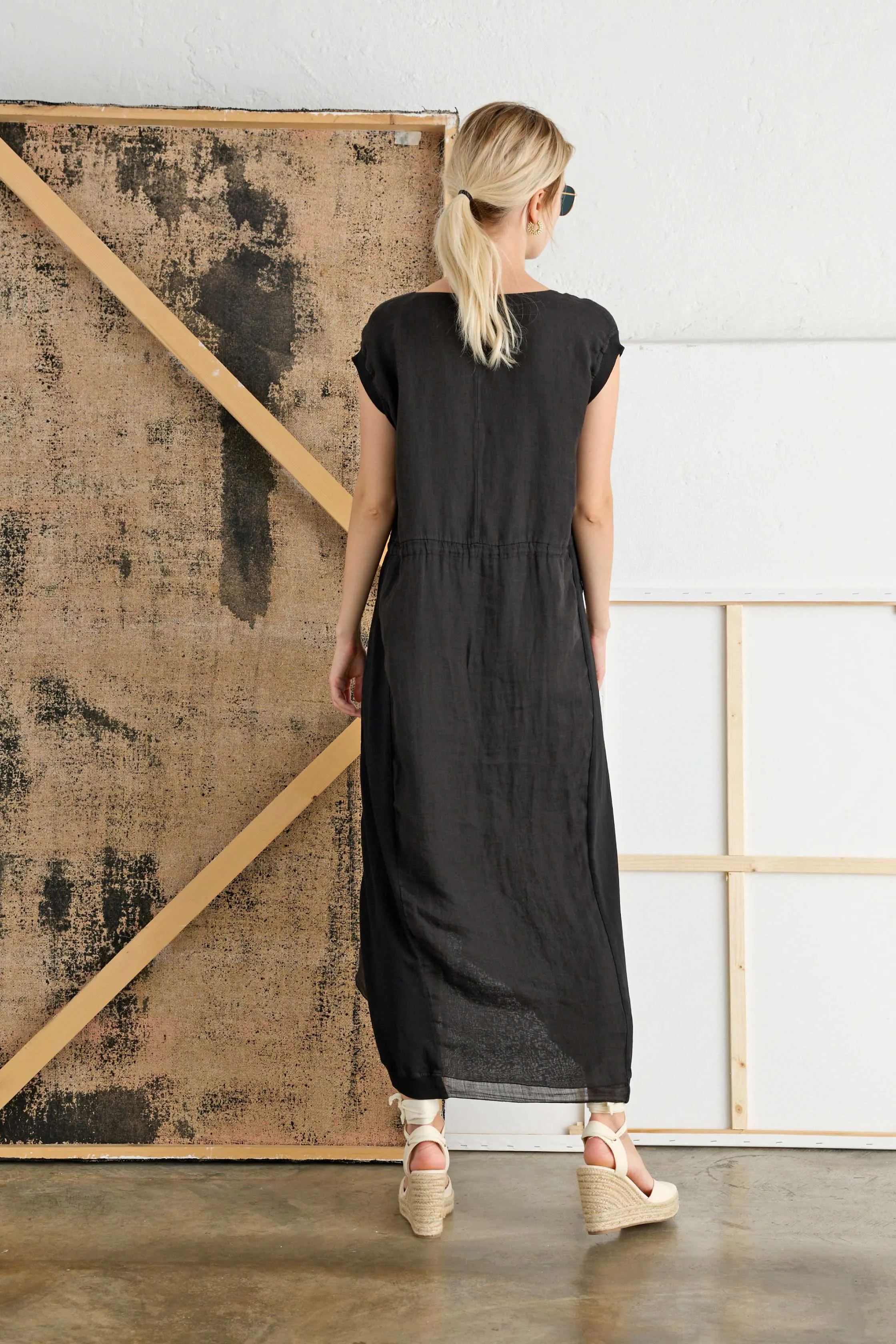Ramié Midi Dress with Drawstring Waist Garment-Dyed 10FU 7027