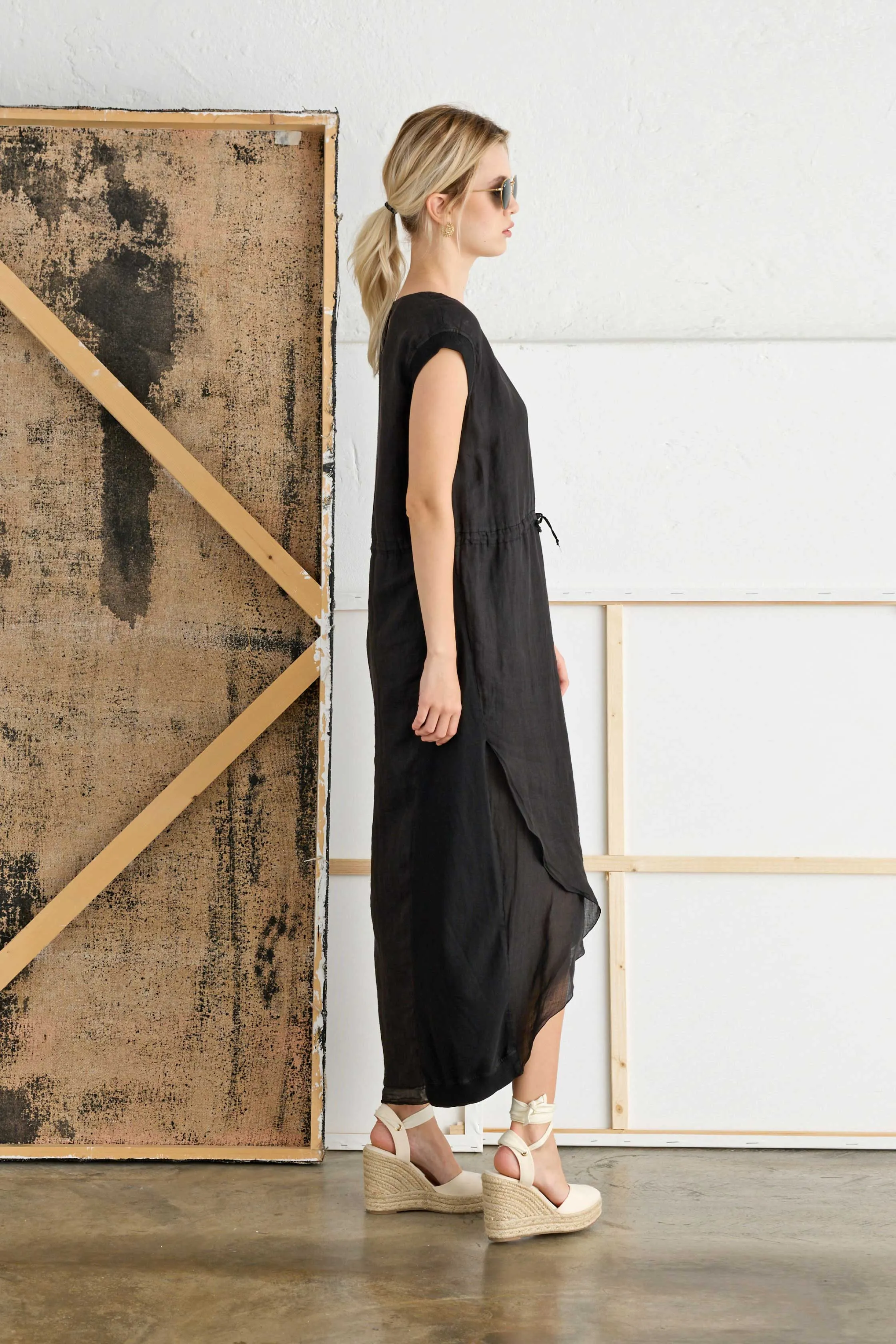 Ramié Midi Dress with Drawstring Waist Garment-Dyed 10FU 7027