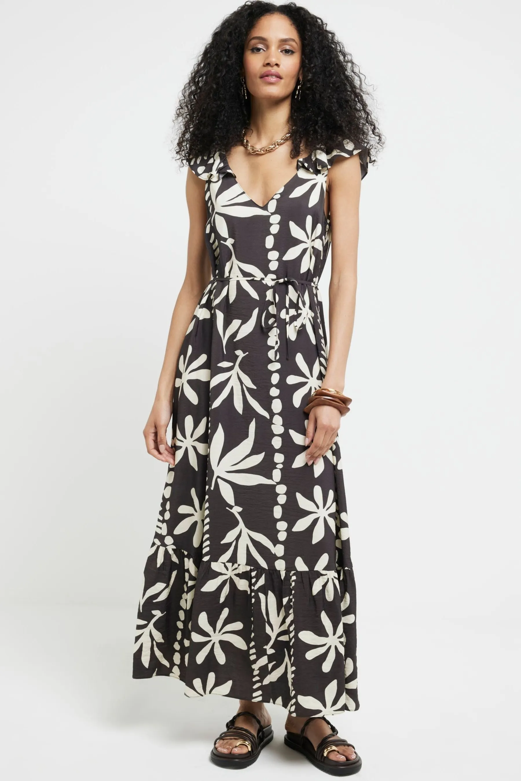 River Island Floreale - Abito maxi con maniche a volant