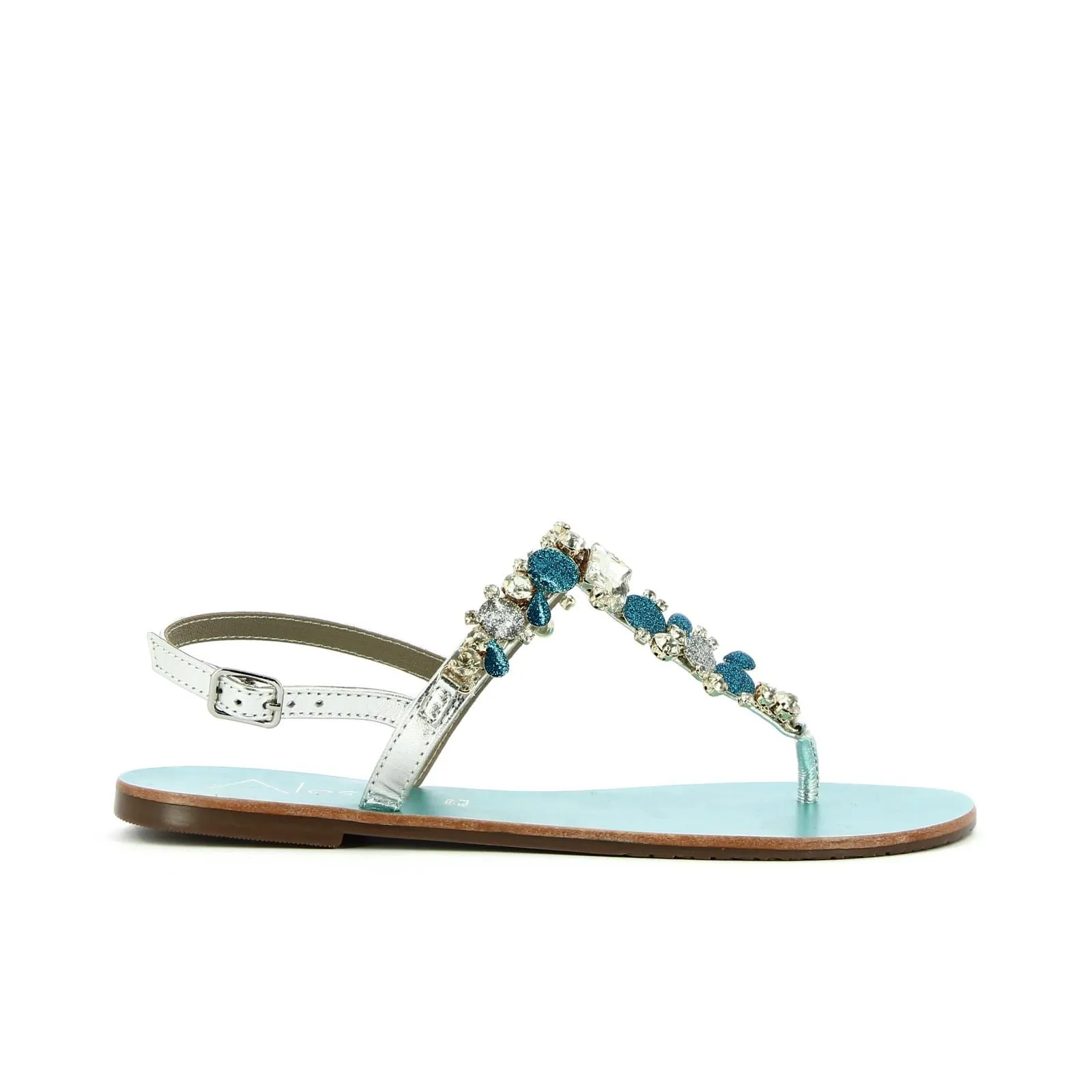 Sandali bassi a infradito in pelle argento con pietre gioiello azzurre