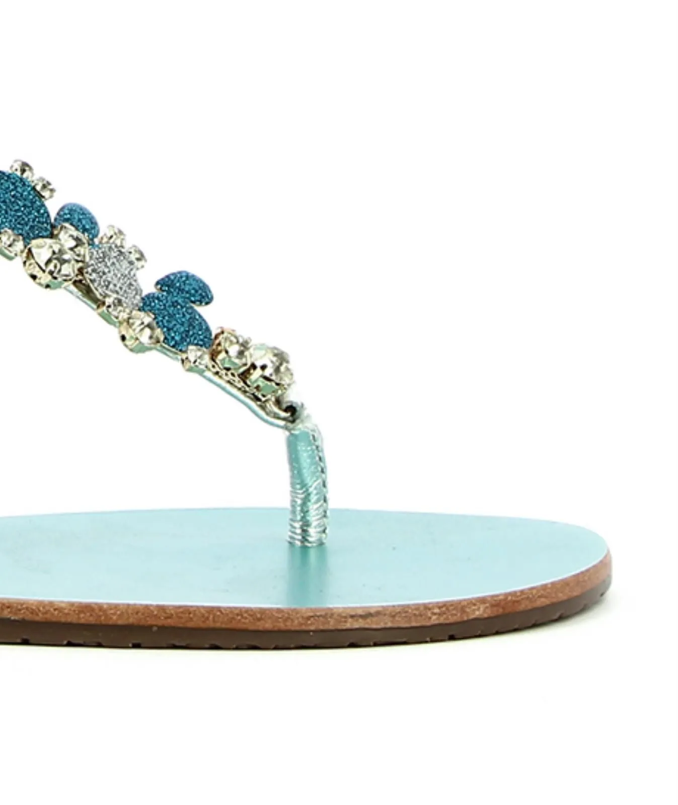 Sandali bassi a infradito in pelle argento con pietre gioiello azzurre