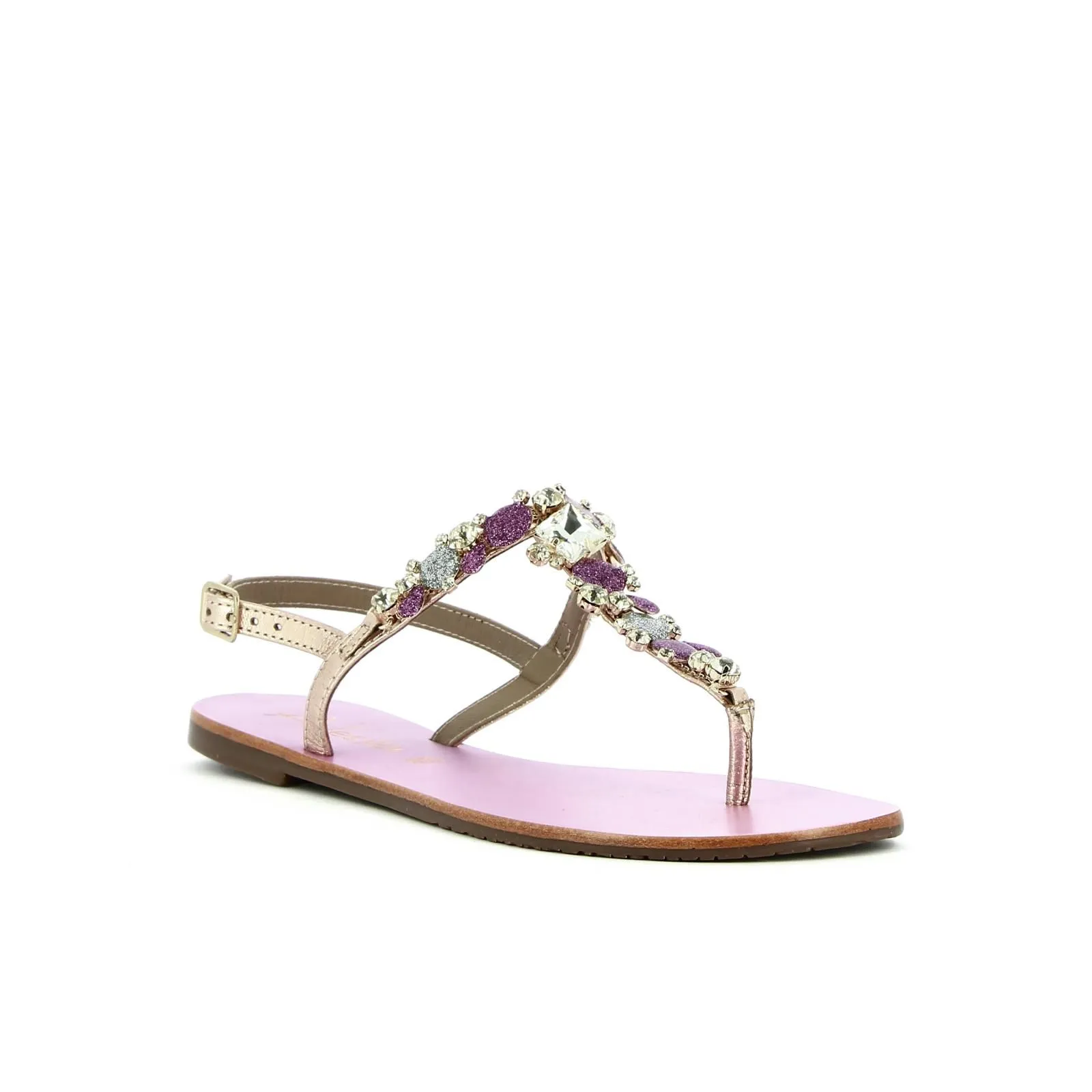Sandali bassi a infradito in pelle oro con pietre gioiello fucsia