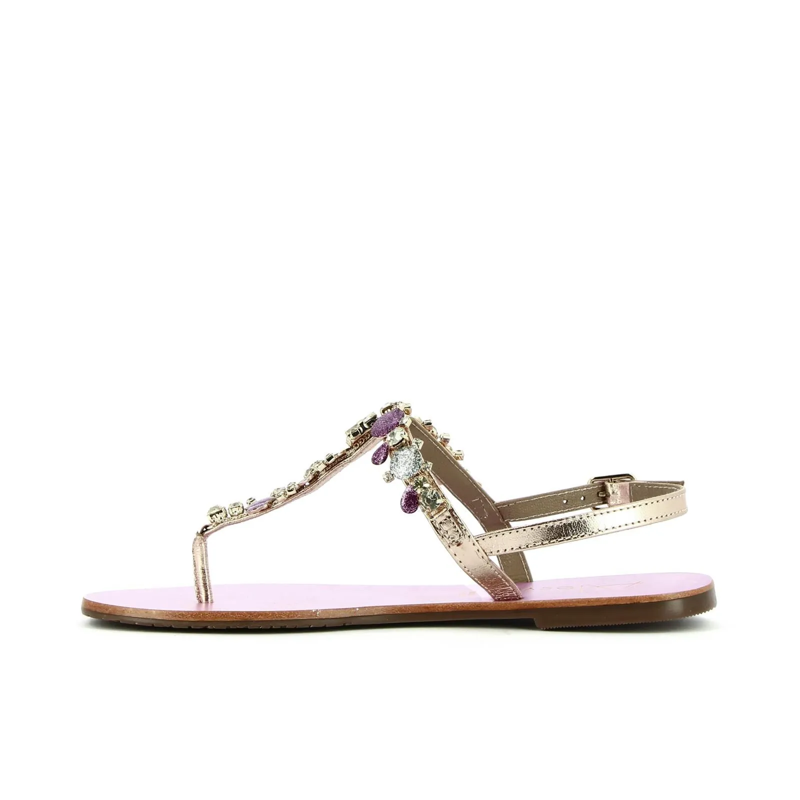 Sandali bassi a infradito in pelle oro con pietre gioiello fucsia