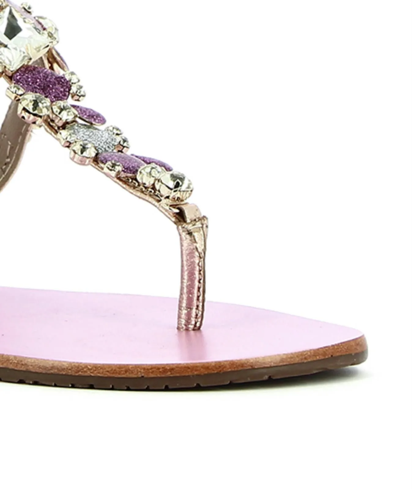 Sandali bassi a infradito in pelle oro con pietre gioiello fucsia