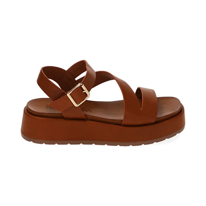 Sandali cognac, zeppa 4 cm