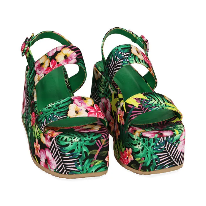 Sandali fiorati, zeppa 8 cm