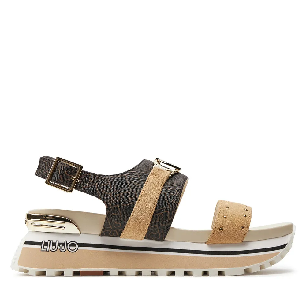 Sandali Platform LIU JO Maxi Wonder Sandal 27 in Pelle con Inserti Monogram Marrone e Beige