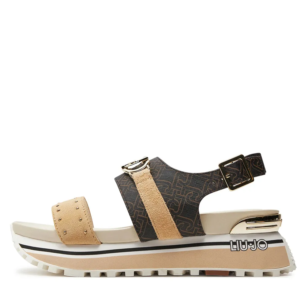 Sandali Platform LIU JO Maxi Wonder Sandal 27 in Pelle con Inserti Monogram Marrone e Beige