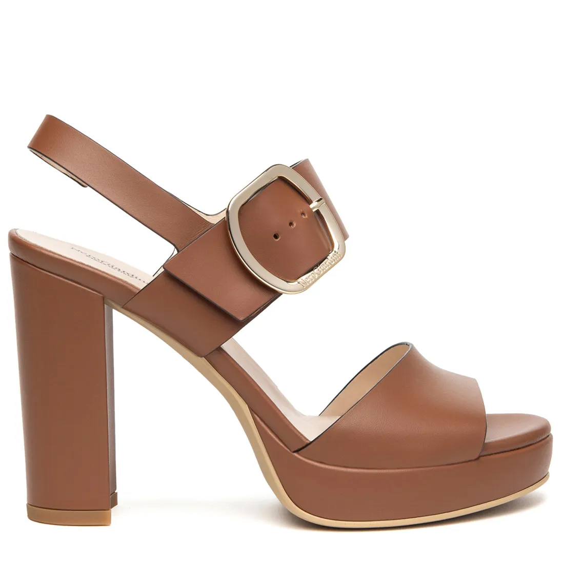 Sandali platform NeroGiardini in pelle color cognac con tacco alto