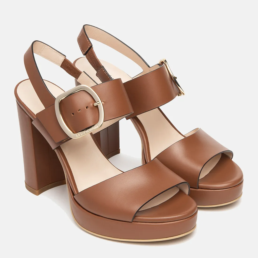 Sandali platform NeroGiardini in pelle color cognac con tacco alto