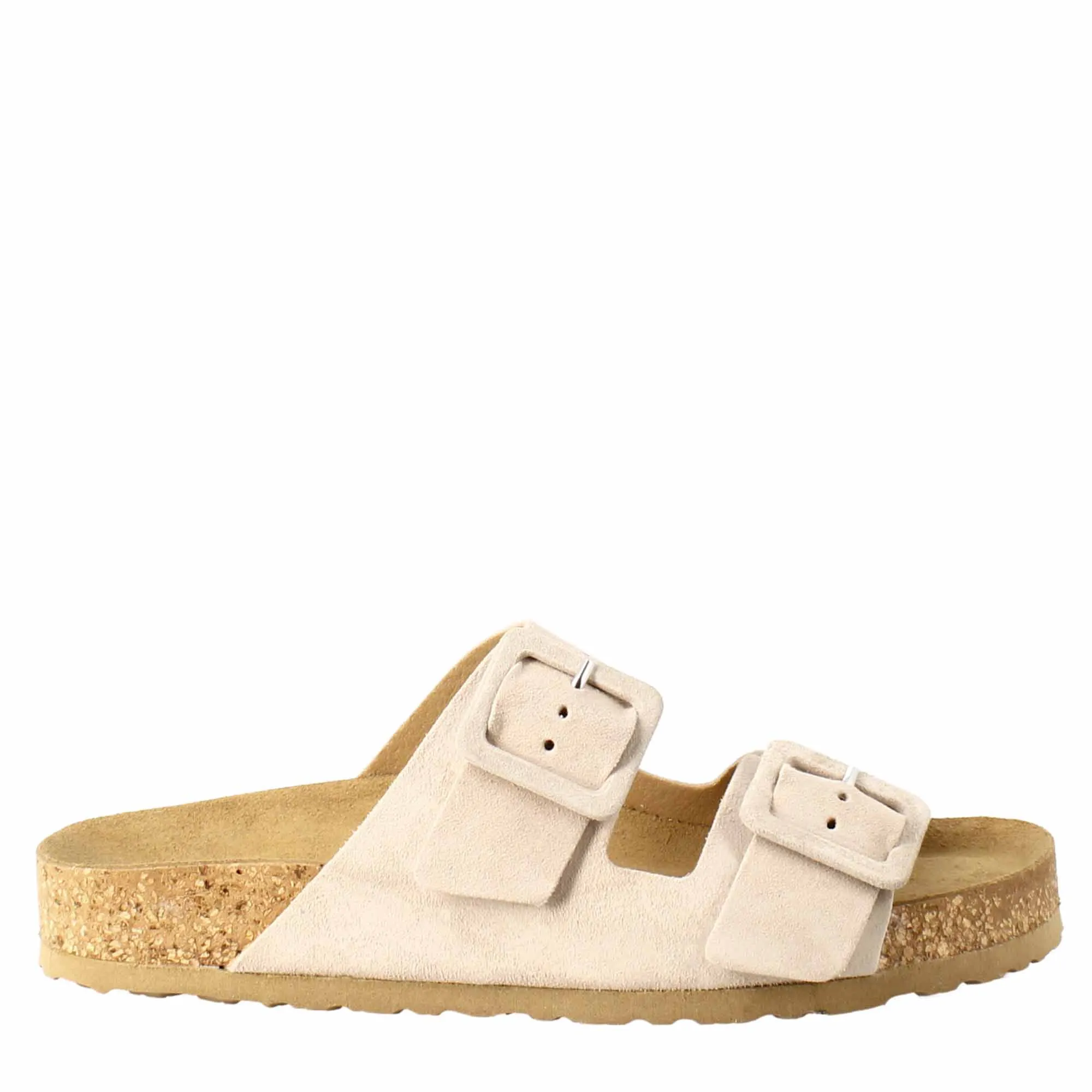 Sandalo doppia fibbia da donna in pelle scamosciata beige