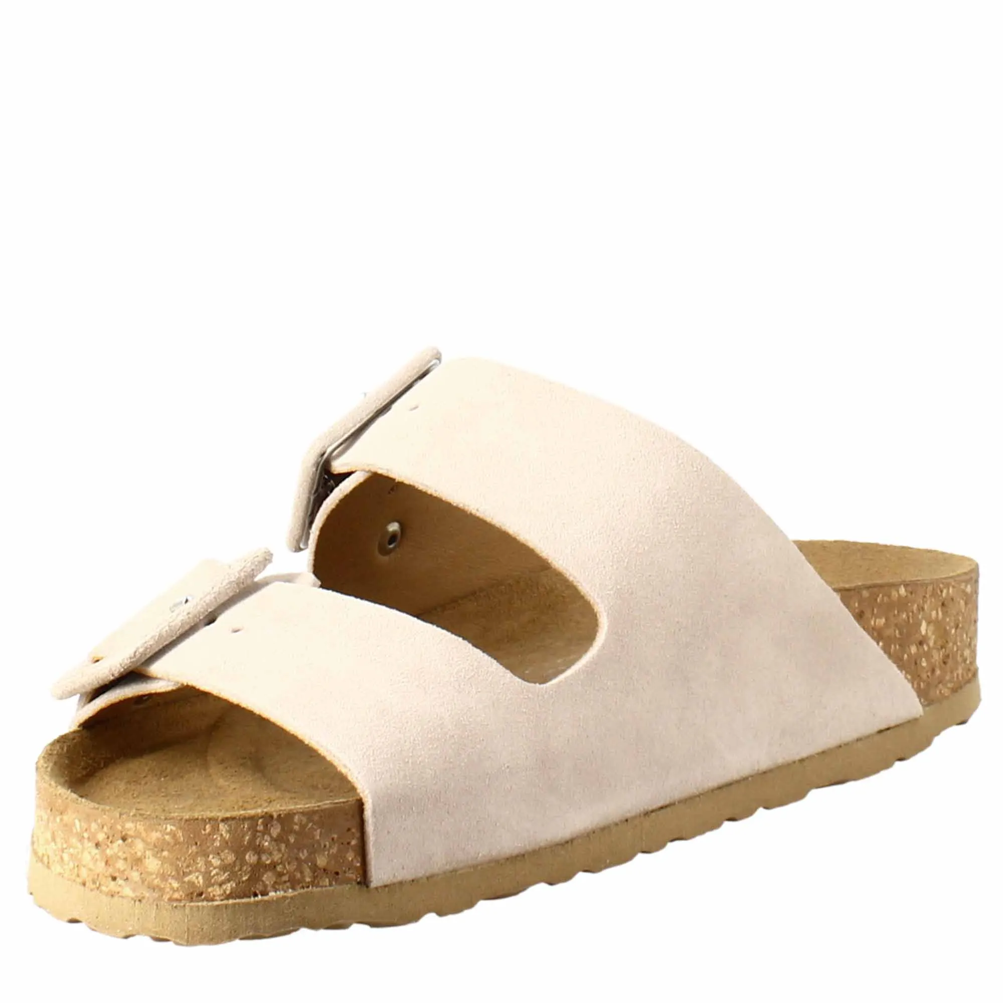 Sandalo doppia fibbia da donna in pelle scamosciata beige