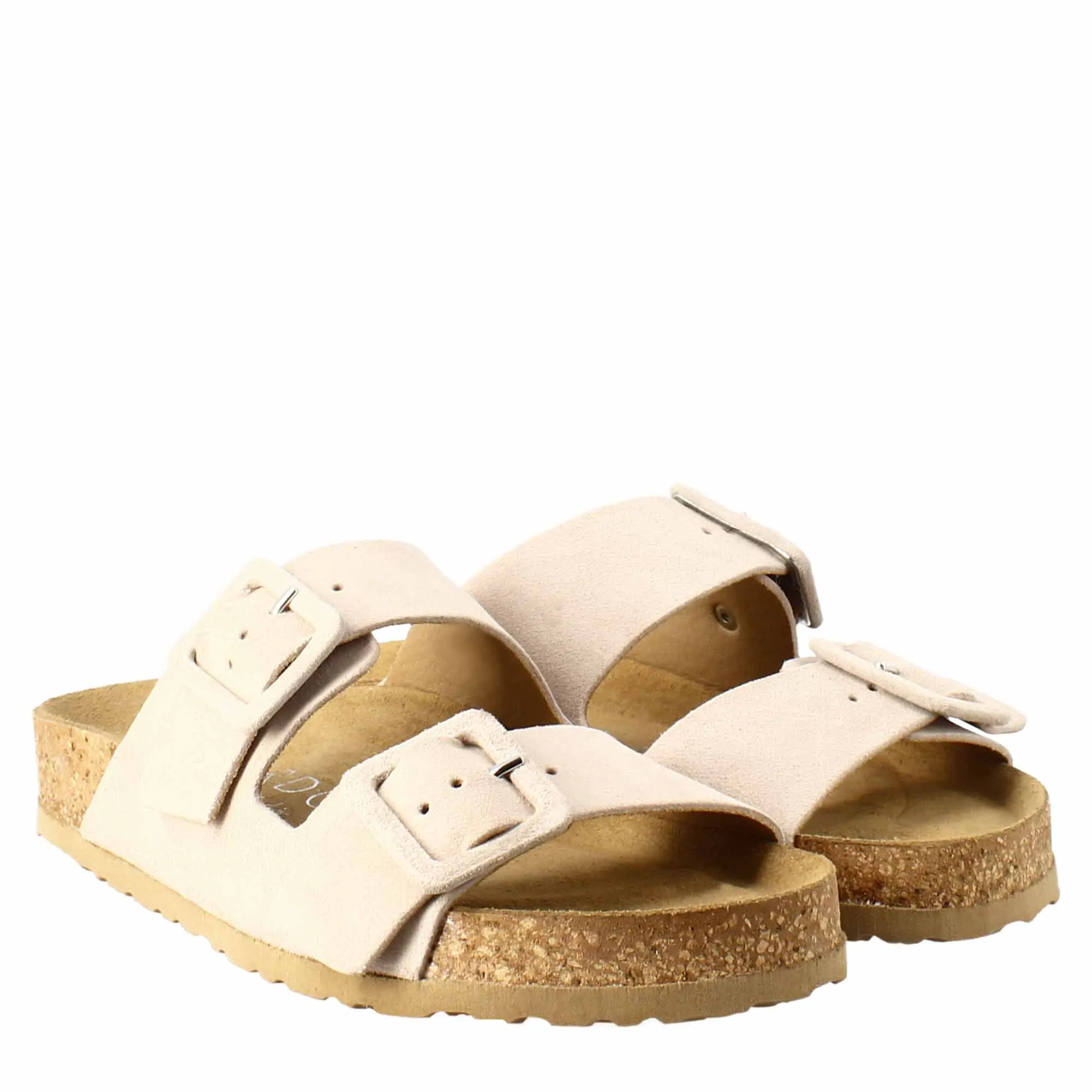 Sandalo doppia fibbia da donna in pelle scamosciata beige