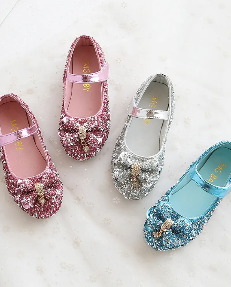 Scarpe di cristallo con fiocco in paillettes Scarpe in pelle per ragazze casual piatte