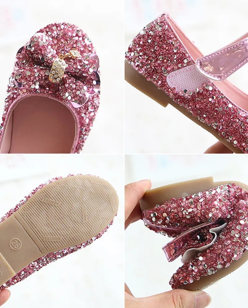Scarpe di cristallo con fiocco in paillettes Scarpe in pelle per ragazze casual piatte