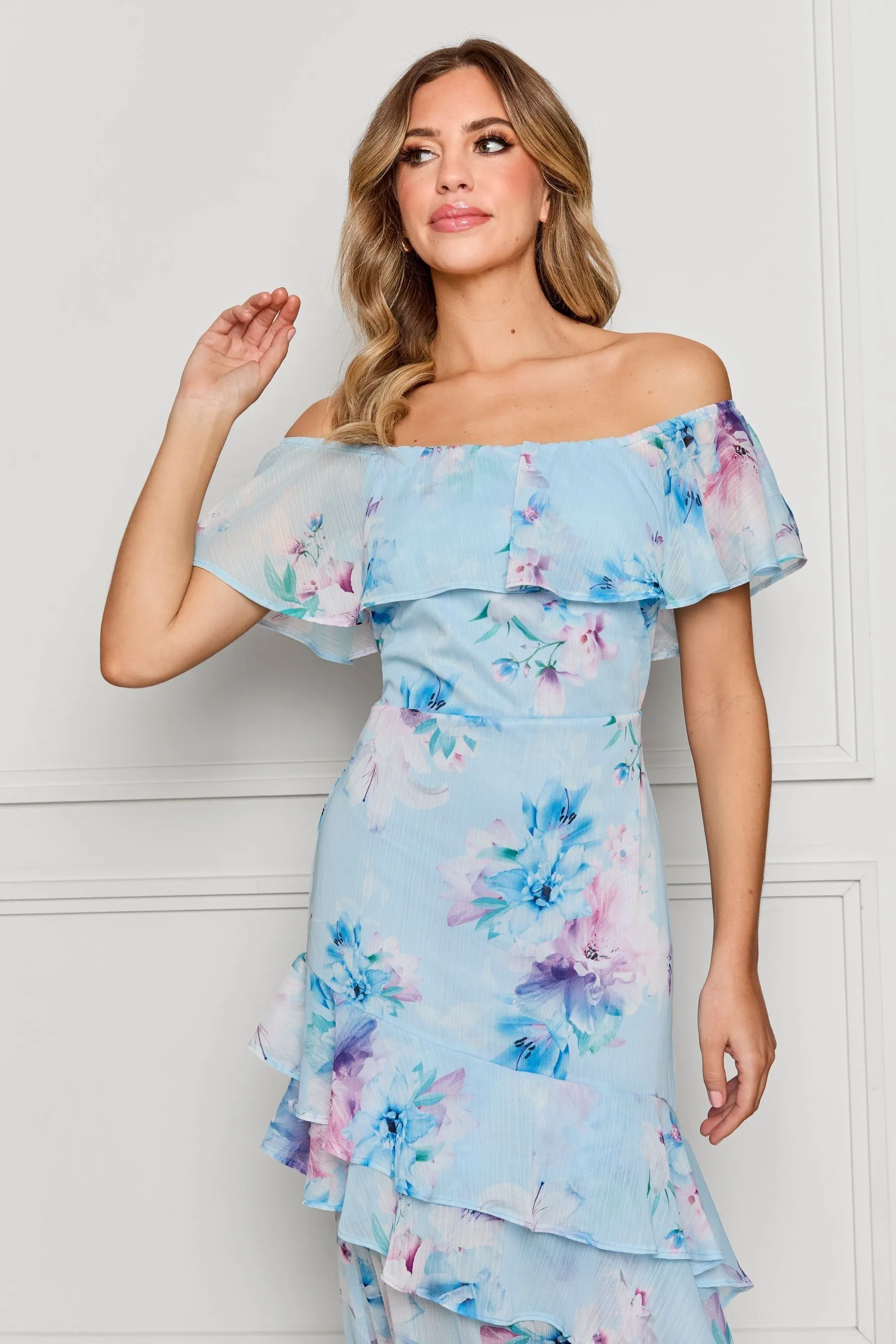 Sistaglam - Abito maxi morbido Floreale con scollo alla Bardot e spacco sul davanti