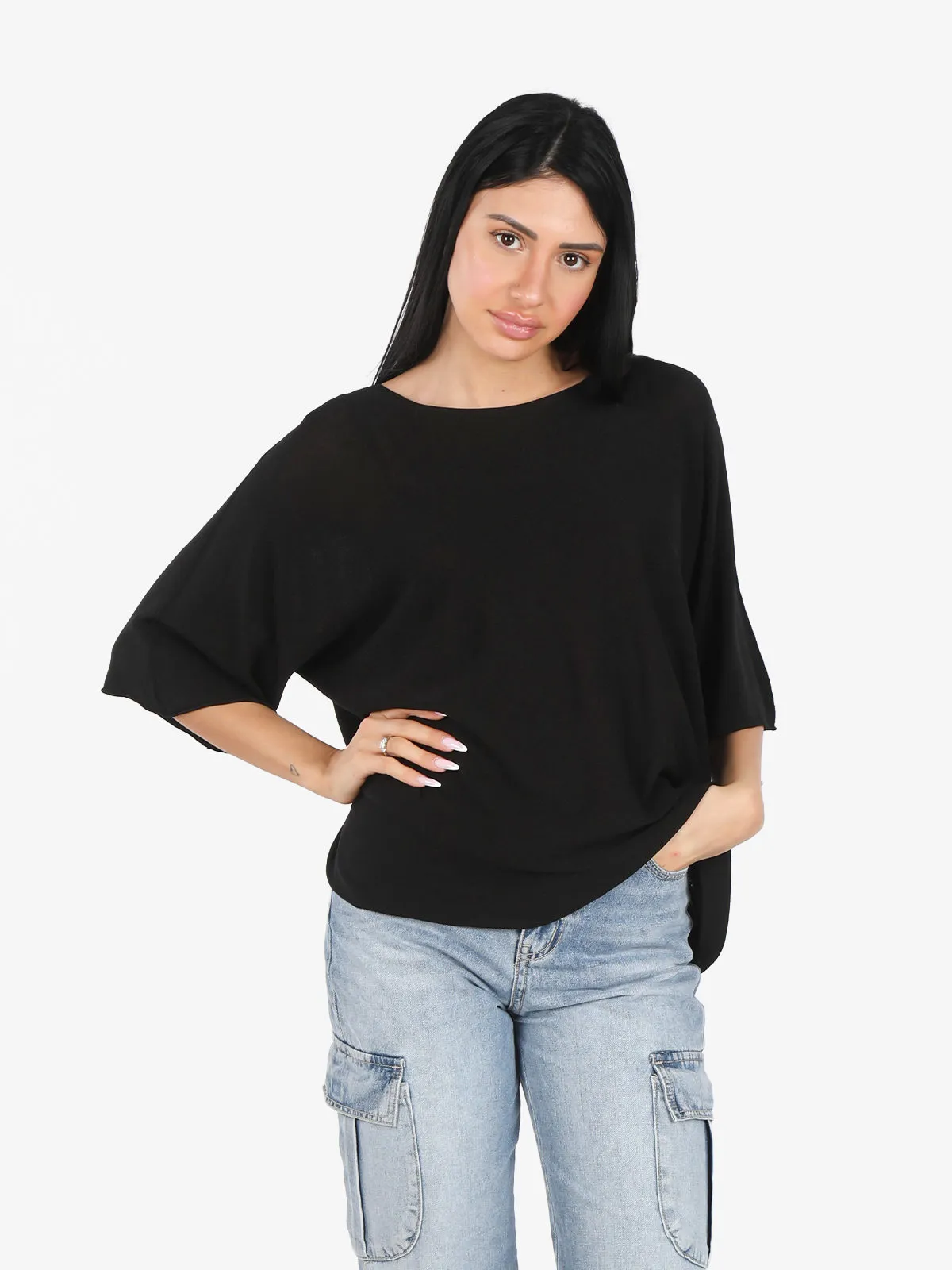 Solada Pull femme oversize à manches courtes chauve-souris