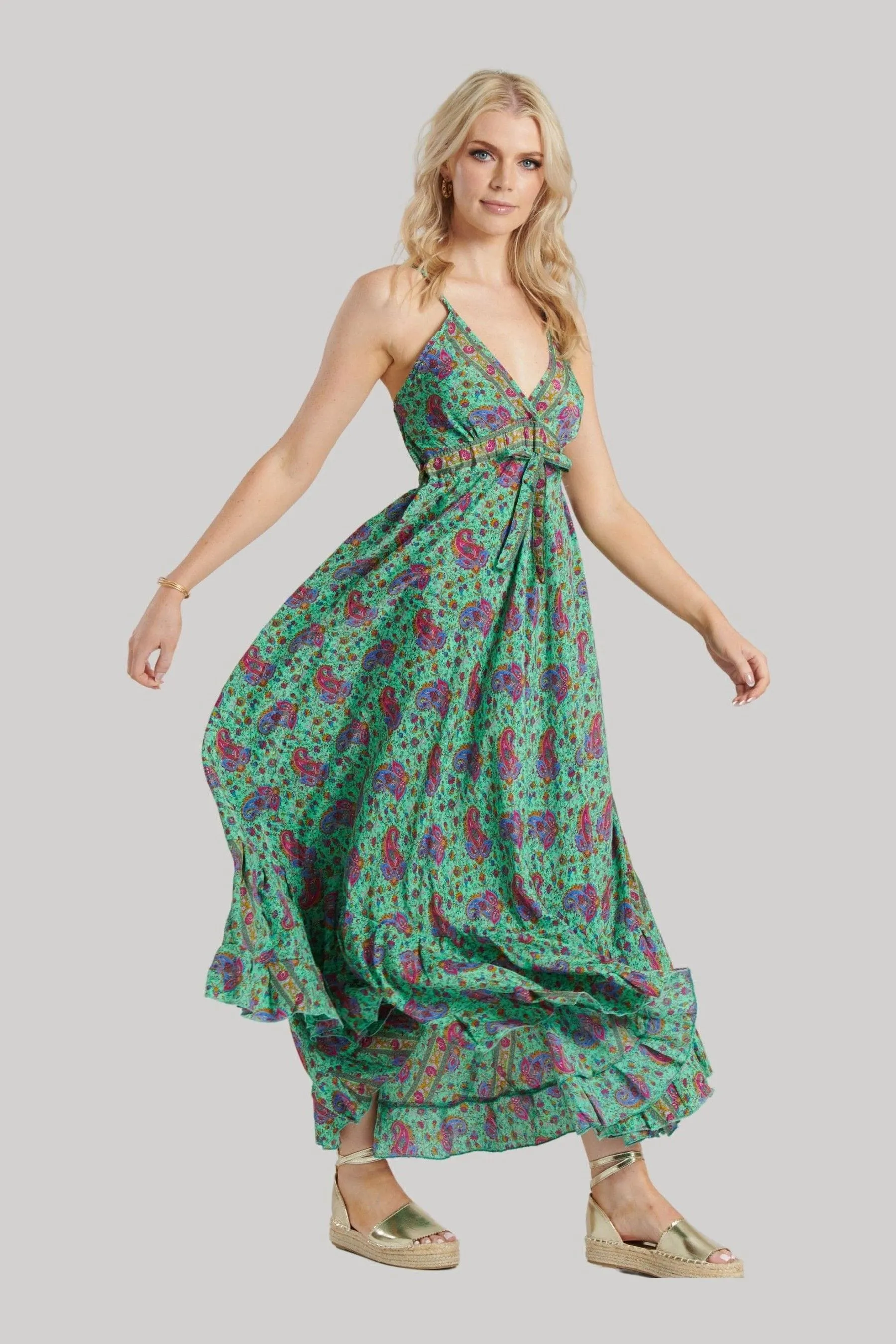 South Beach - Abito maxi con volant e spalline