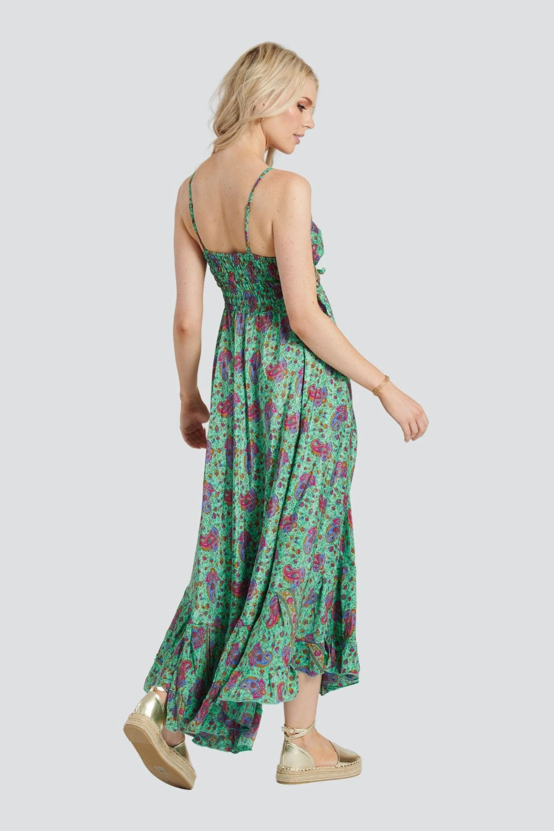 South Beach - Abito maxi con volant e spalline