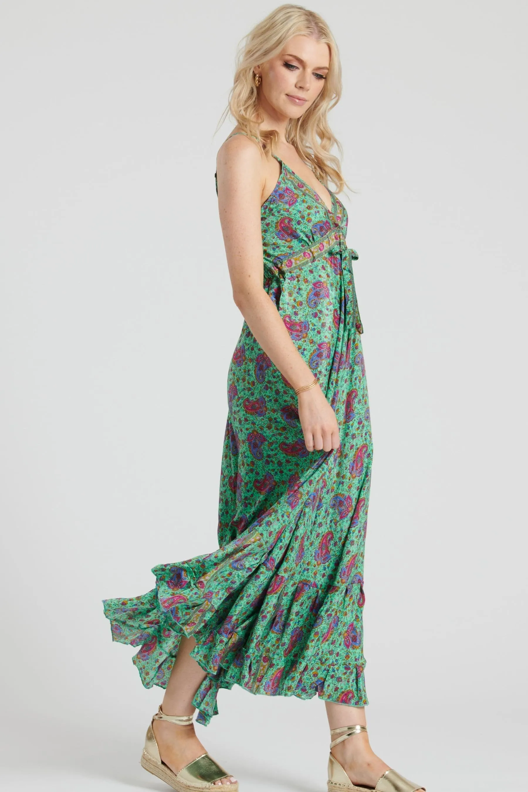 South Beach - Abito maxi con volant e spalline