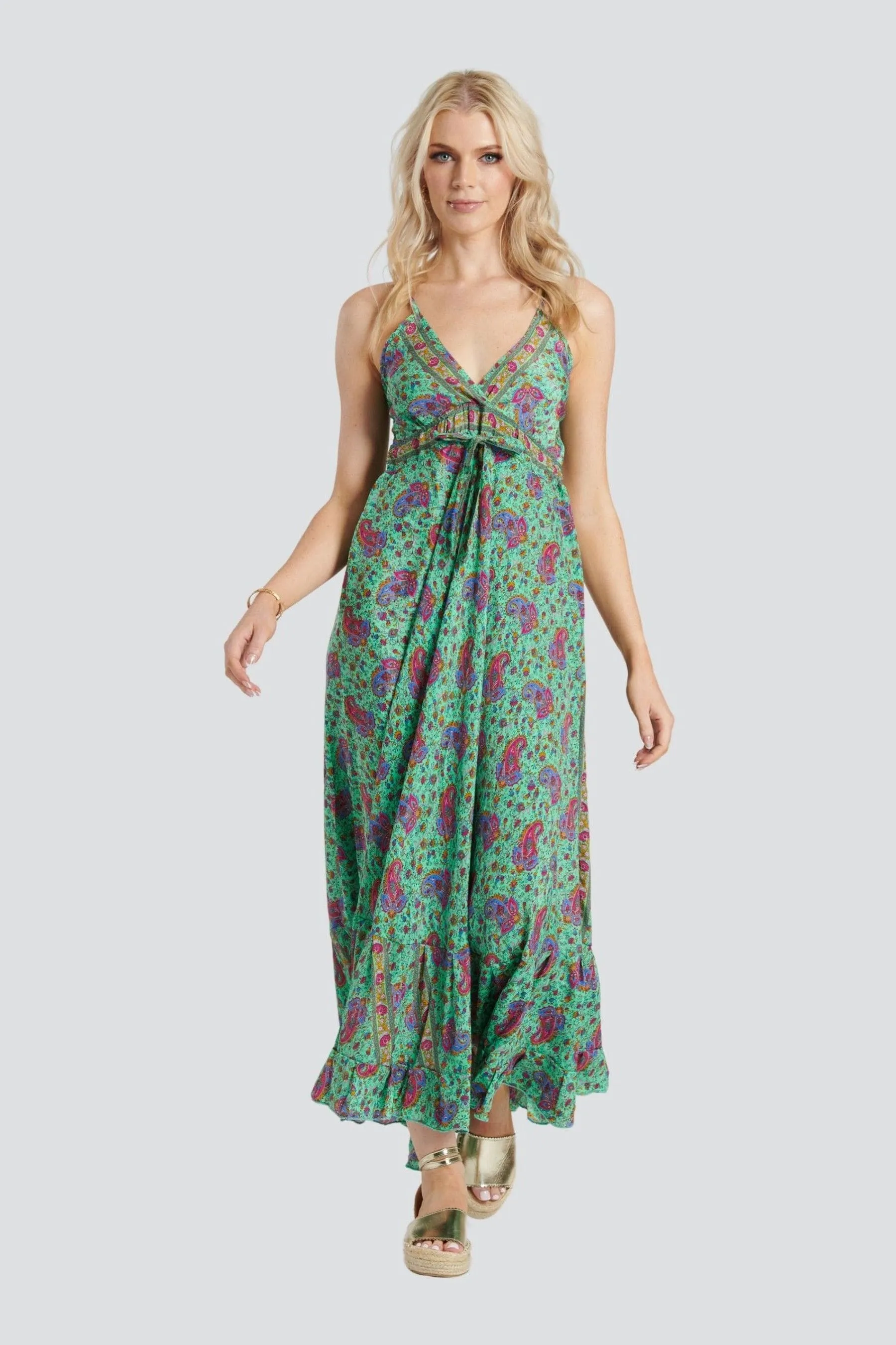 South Beach - Abito maxi con volant e spalline