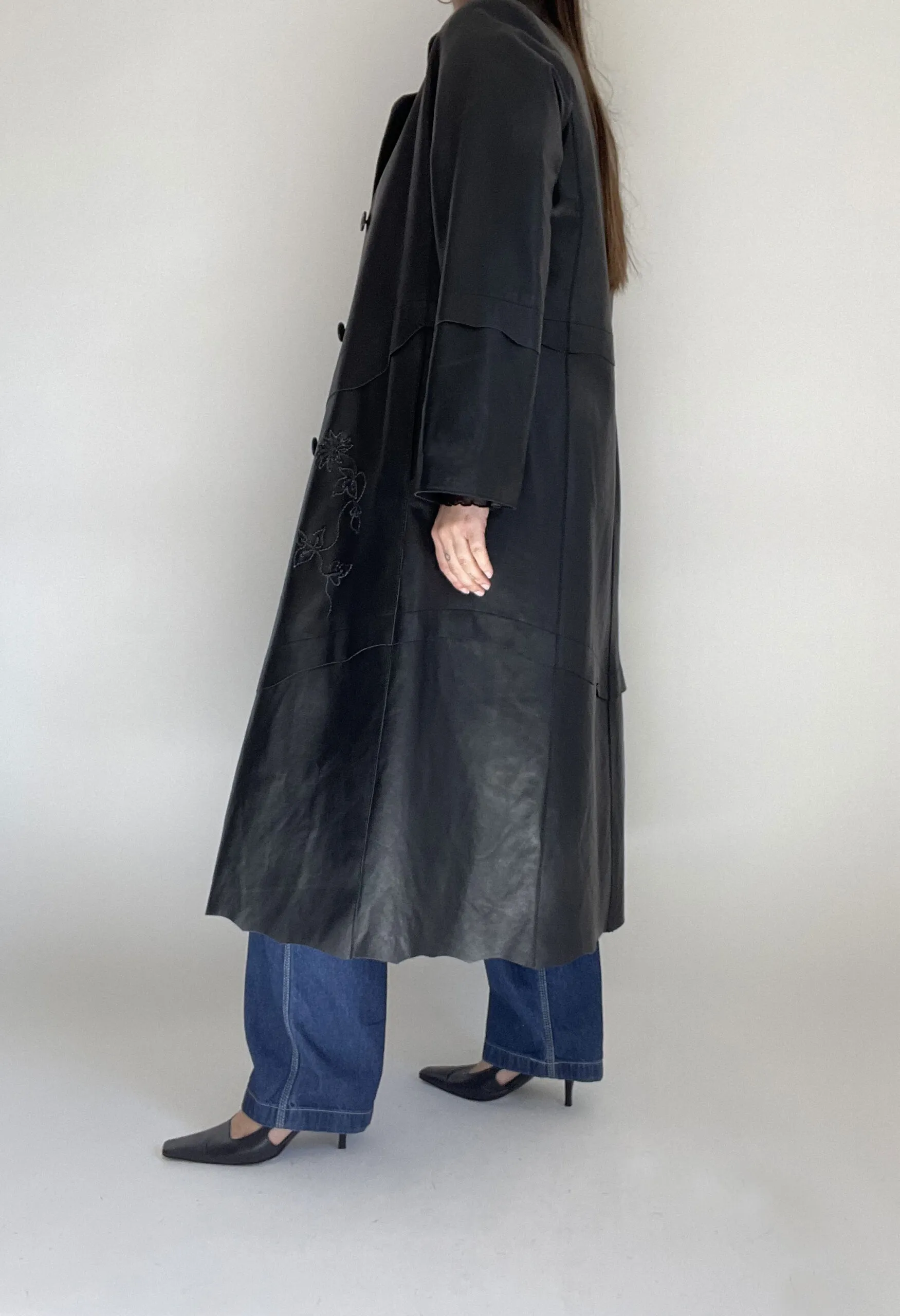 Trench extra long in vera pelle nera vintage anni ’90
