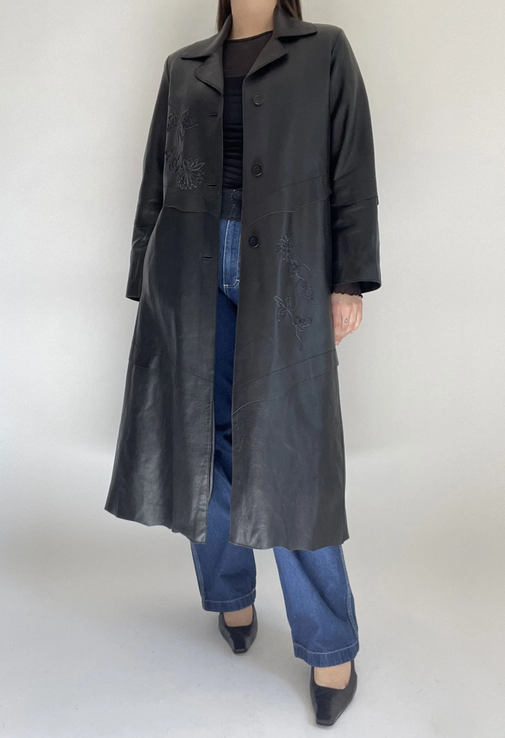 Trench extra long in vera pelle nera vintage anni ’90