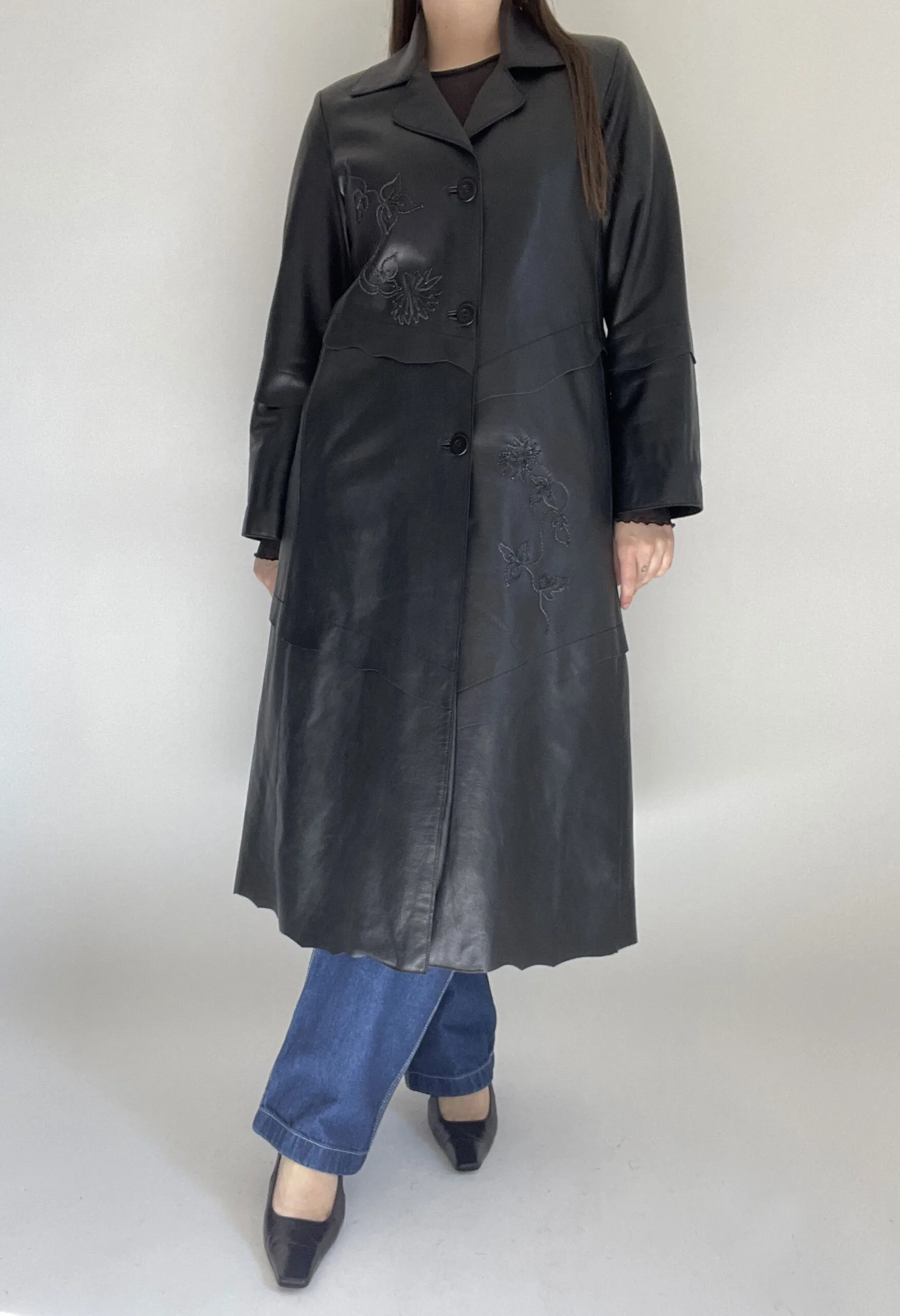 Trench extra long in vera pelle nera vintage anni ’90