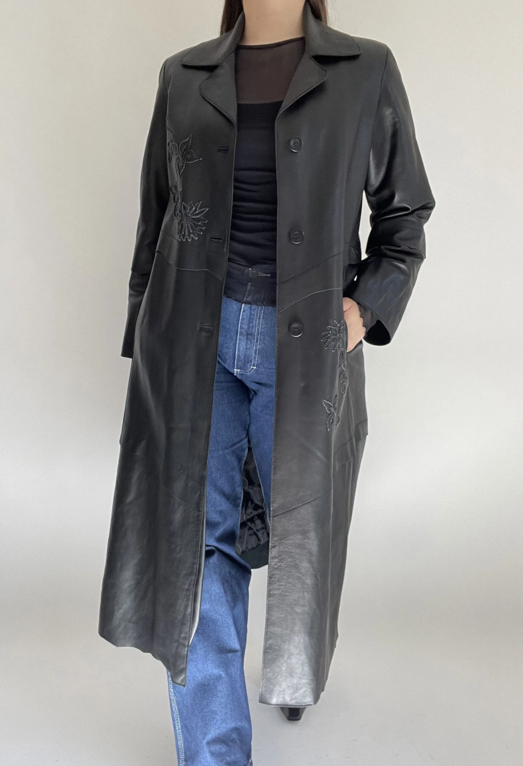 Trench extra long in vera pelle nera vintage anni ’90