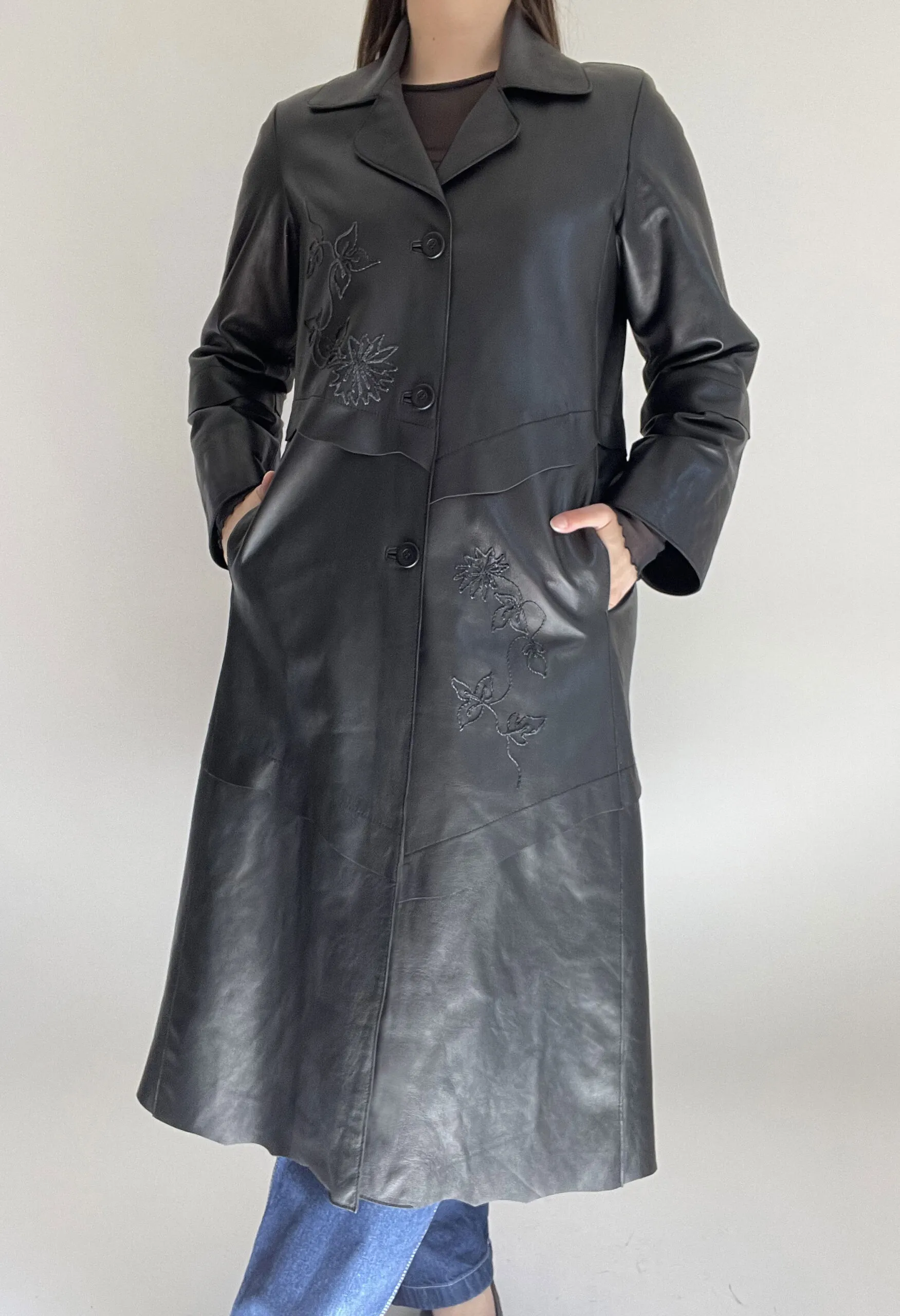 Trench extra long in vera pelle nera vintage anni ’90