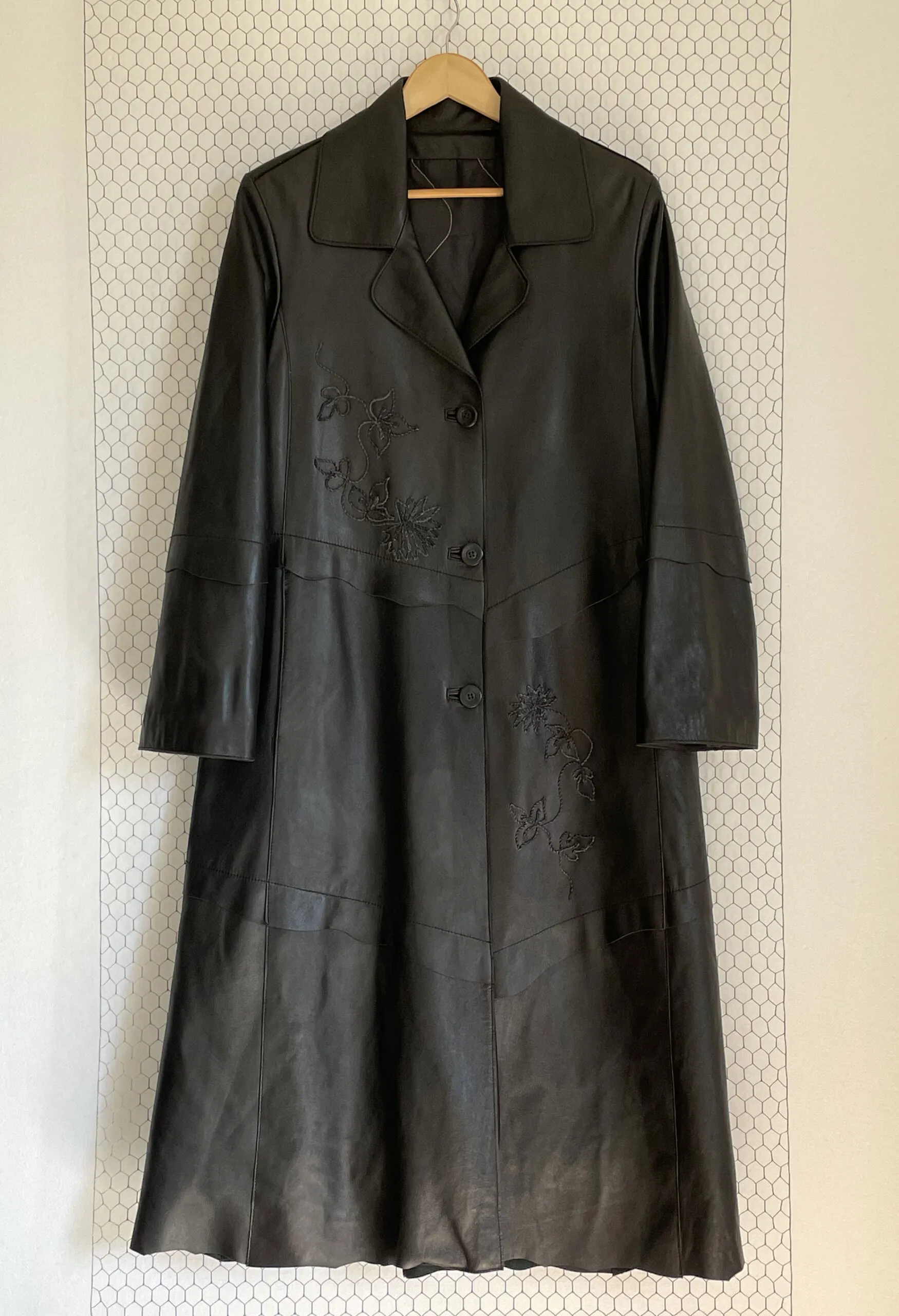 Trench extra long in vera pelle nera vintage anni ’90