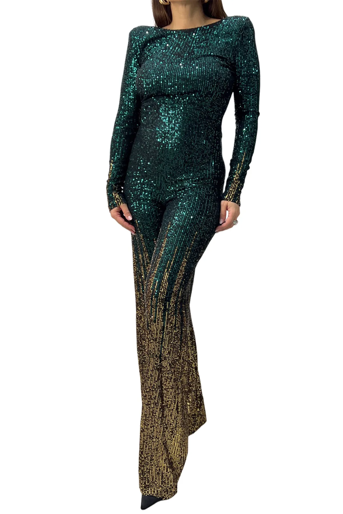 Tuta donna lunga in tessuto micro pailettes sfumate scollo alla schiena chiusura bottone collo