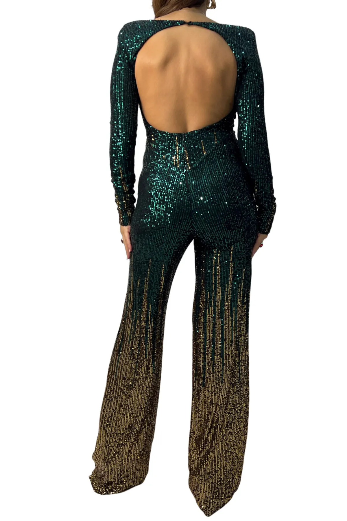 Tuta donna lunga in tessuto micro pailettes sfumate scollo alla schiena chiusura bottone collo
