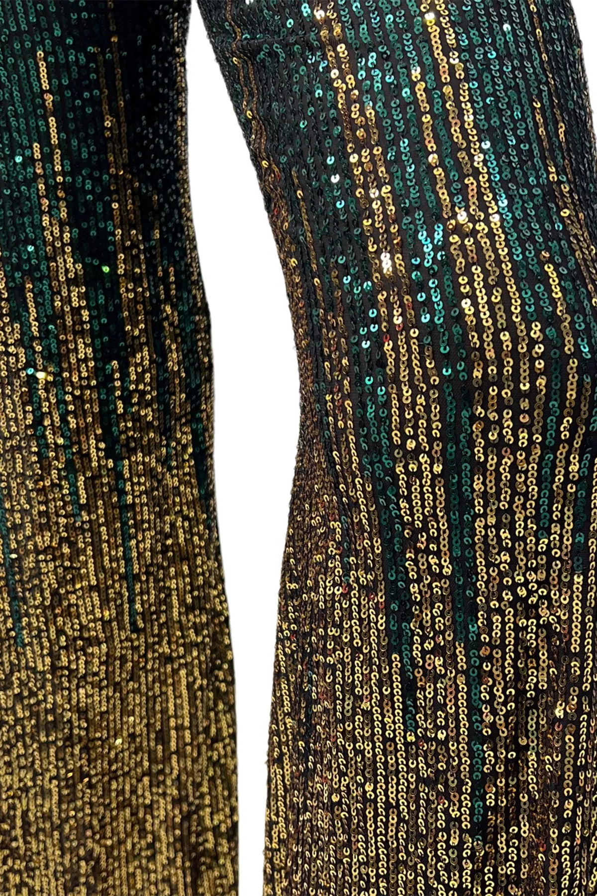 Tuta donna lunga in tessuto micro pailettes sfumate scollo alla schiena chiusura bottone collo