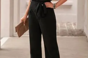 Tuta fashion con pantaloni lunghi ampi e maniche corte Nelia, nera