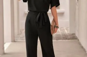 Tuta fashion con pantaloni lunghi ampi e maniche corte Nelia, nera