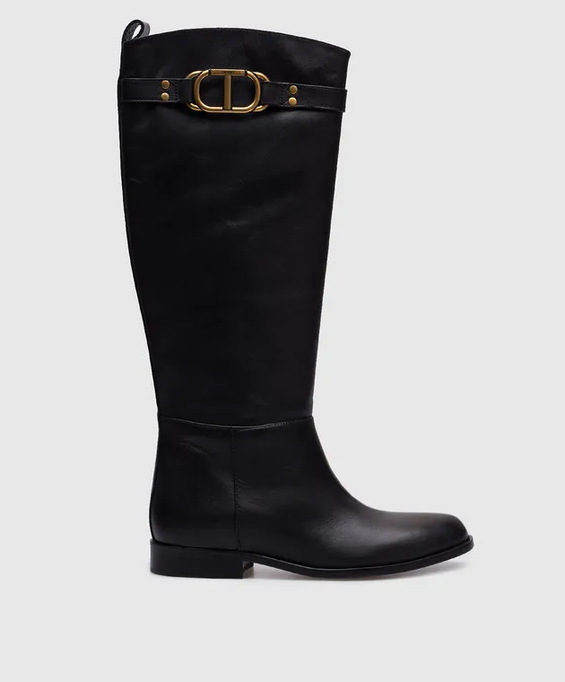Twinset Stivali in pelle nera con logo Oval T in metallo 242TCP092
