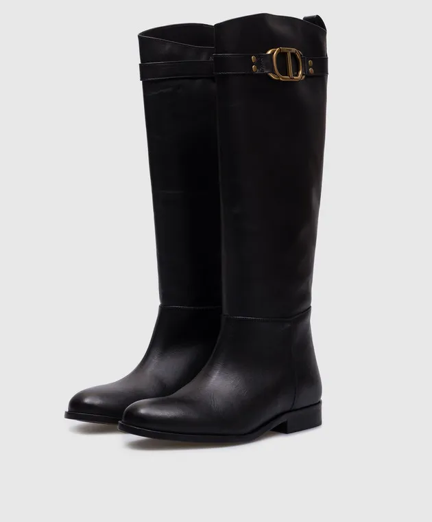 Twinset Stivali in pelle nera con logo Oval T in metallo 242TCP092