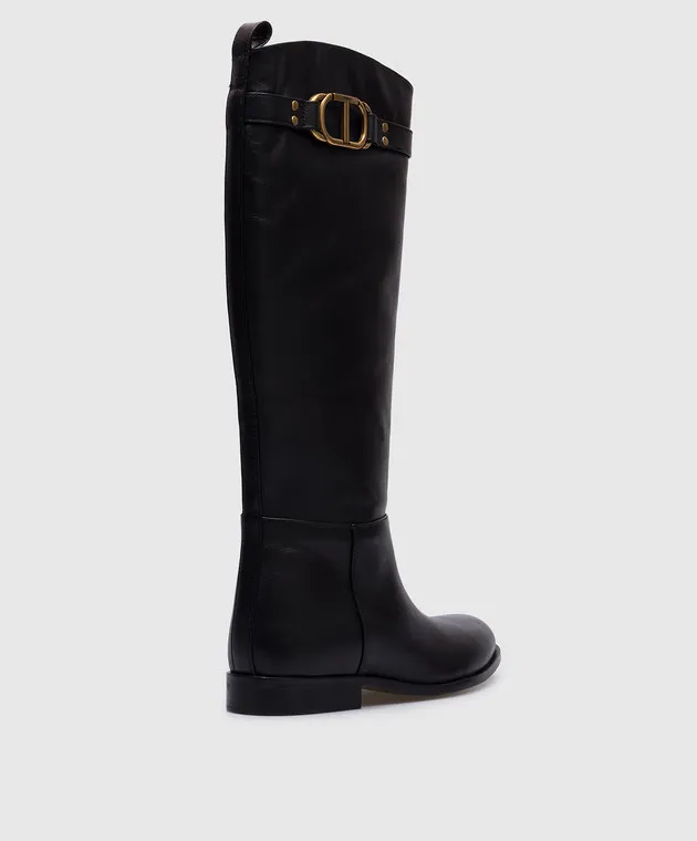 Twinset Stivali in pelle nera con logo Oval T in metallo 242TCP092