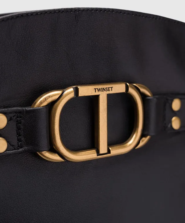 Twinset Stivali in pelle nera con logo Oval T in metallo 242TCP092