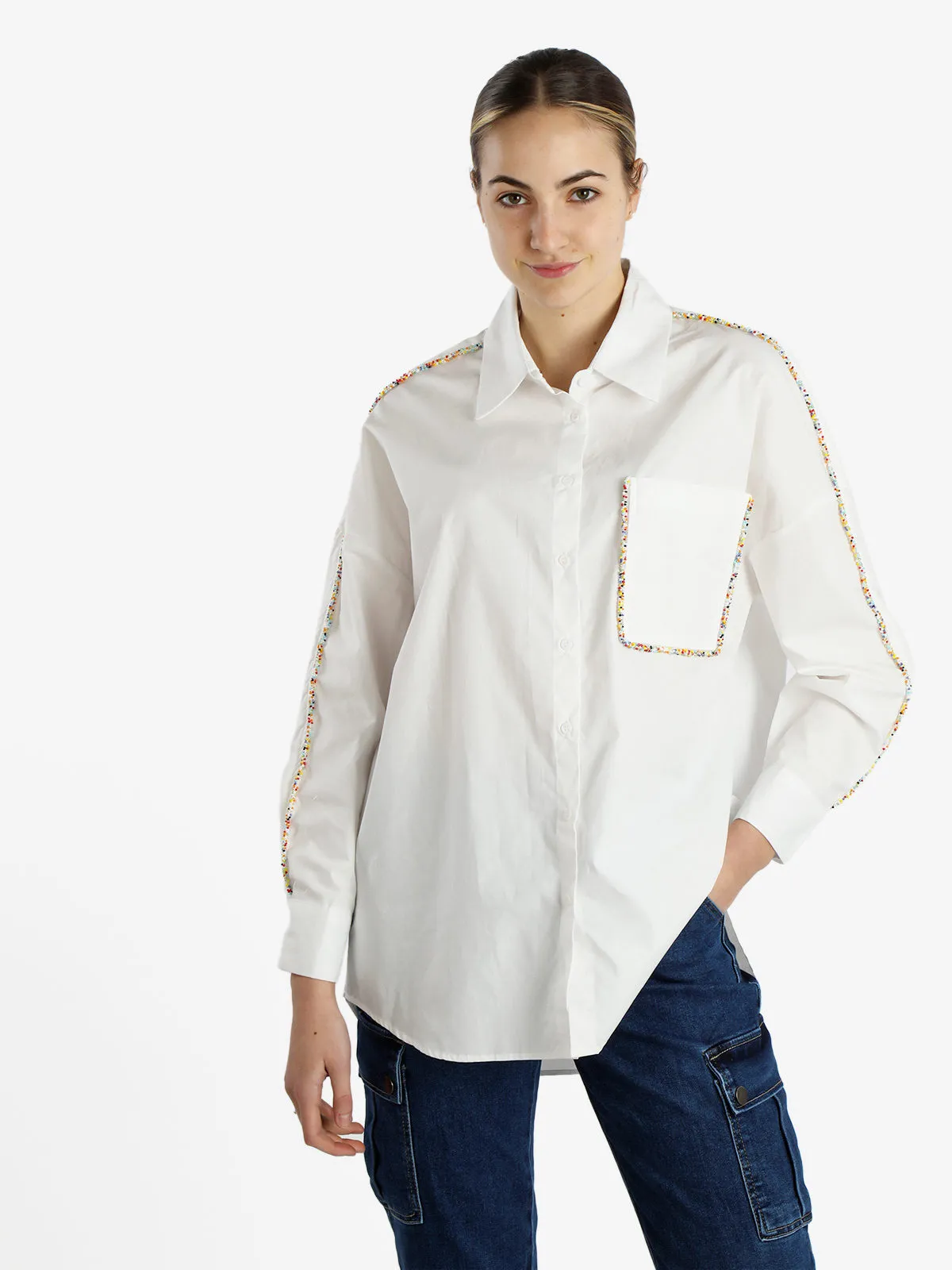 Vicbee Chemise femme oversize en coton avec perles colorées