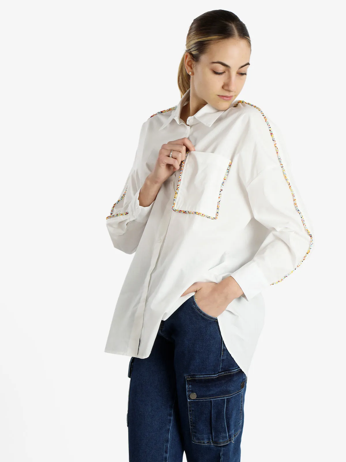 Vicbee Chemise femme oversize en coton avec perles colorées