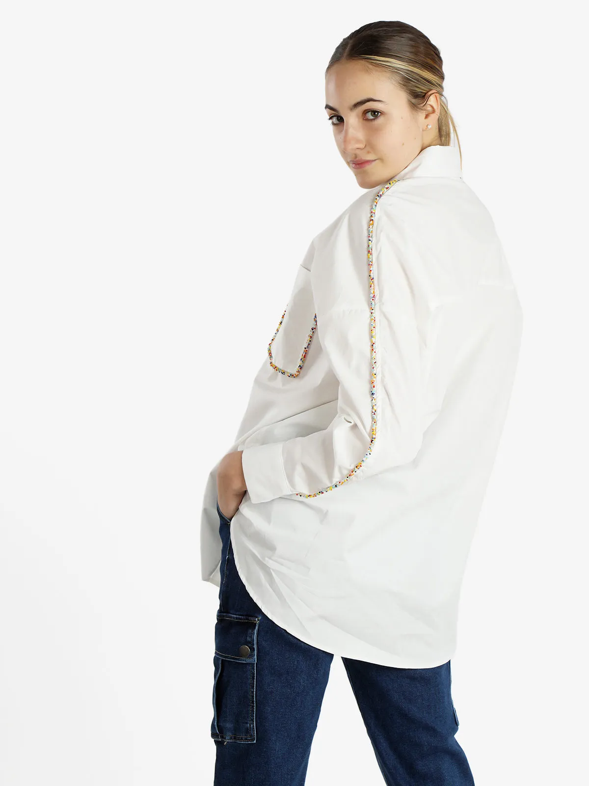 Vicbee Chemise femme oversize en coton avec perles colorées
