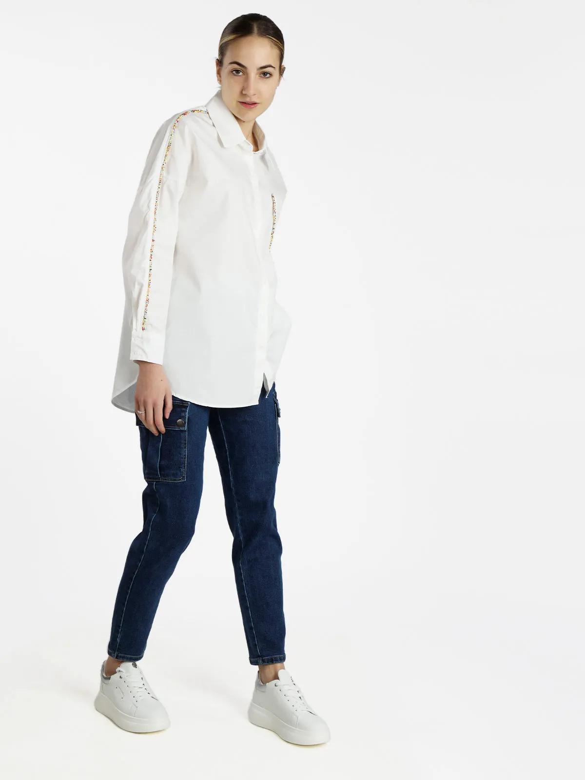 Vicbee Chemise femme oversize en coton avec perles colorées