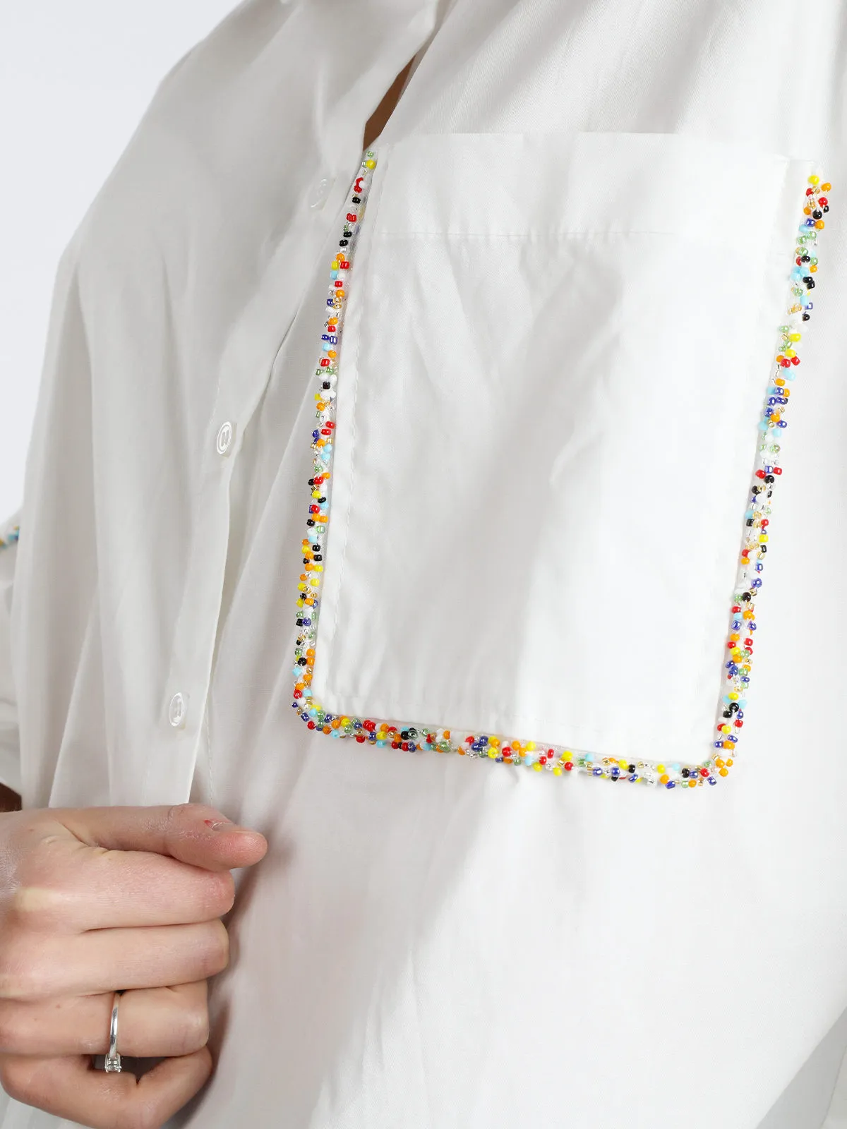 Vicbee Chemise femme oversize en coton avec perles colorées