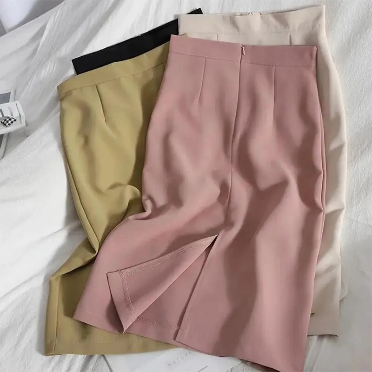 Xpqbb Gonna lunga rosa estiva Donna Vita alta Cerniera posteriore Ufficio Gonne midi Donna Elegante Gonna divisa Ol One Step Wom